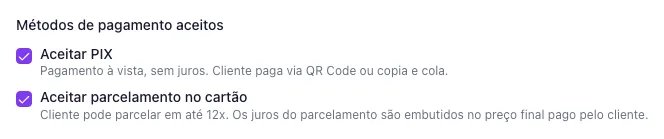 Checkboxes Aceitar PIX e Aceitar parcelamento no cartão no step Planos