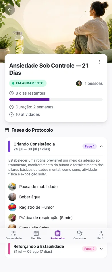Tela de detalhe de um protocolo no app: status Em andamento, dias restantes e a seção Fases do Protocolo