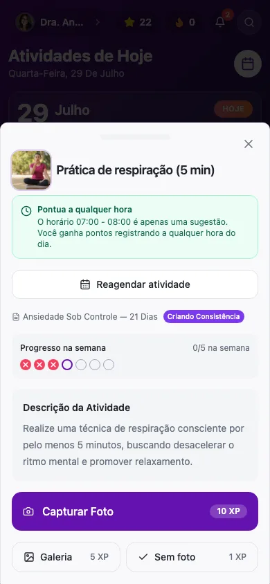 Detalhe de uma atividade do protocolo com as opções Capturar Foto, Galeria e Sem foto