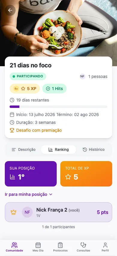 Aba Ranking no app do participante: card Sua Posição, Total de XP e a própria linha marcada com (você)