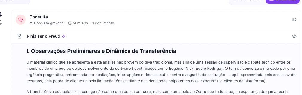 Card de consulta gravada mostrando a duração, a quantidade de documentos e os documentos gerados por IA