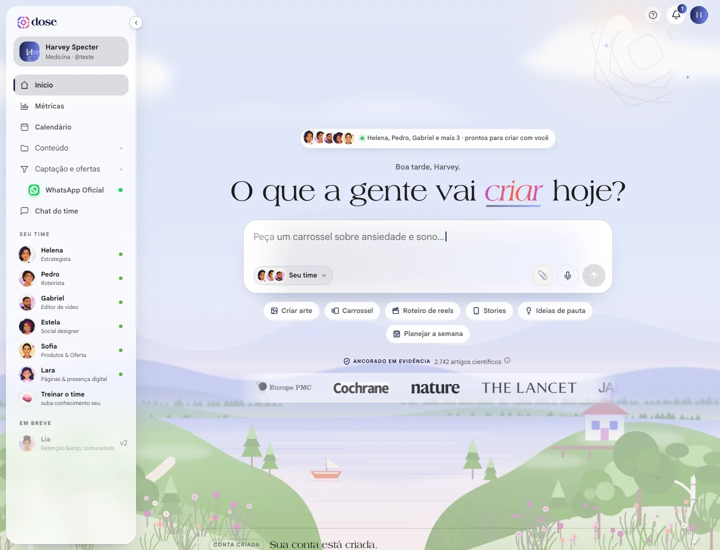 Tela de Início do Scale com o menu lateral, o campo de pedido e o brief do dia
