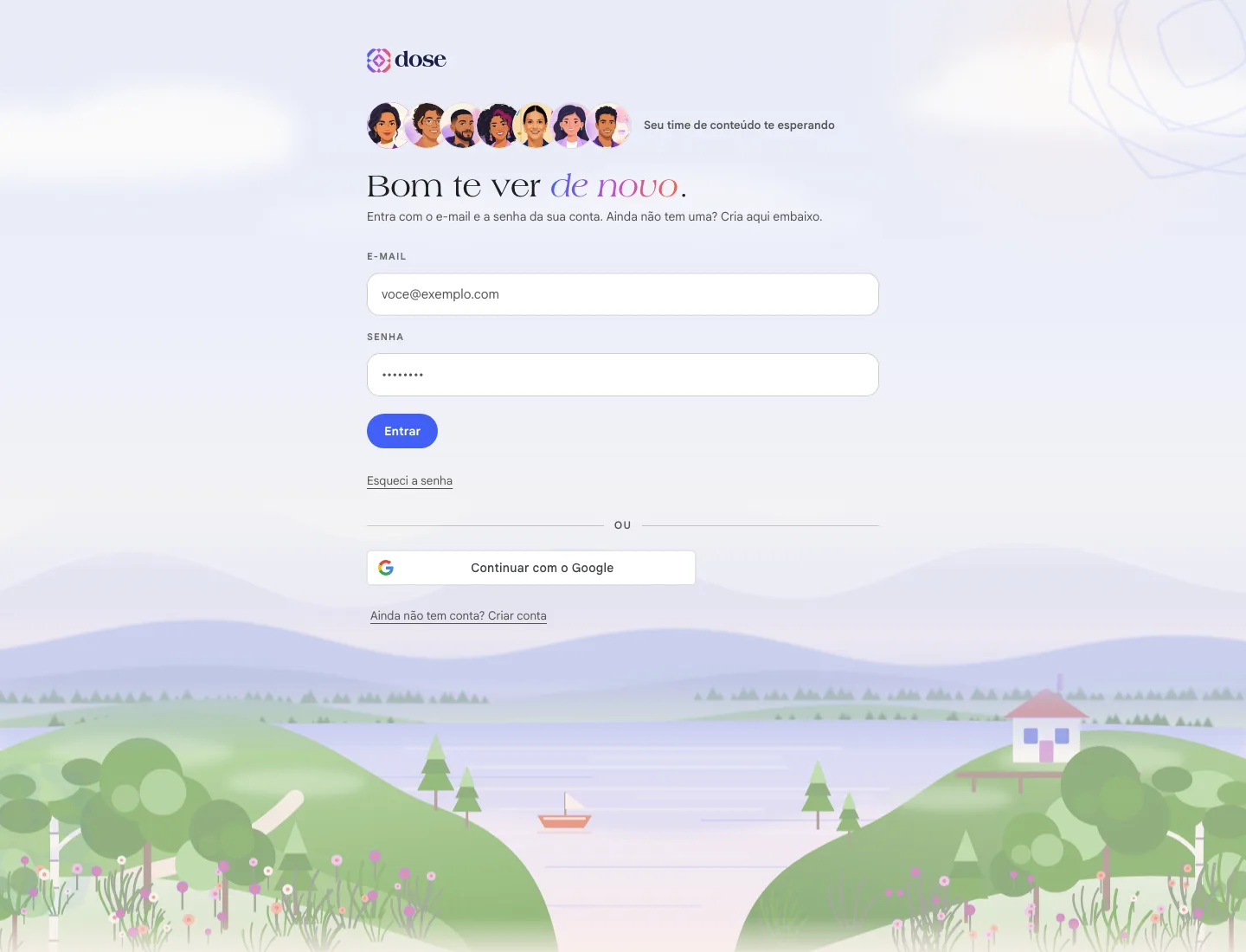 Tela de entrada do Scale com os campos de e-mail e senha, o botão Entrar e a opção de continuar com o Google