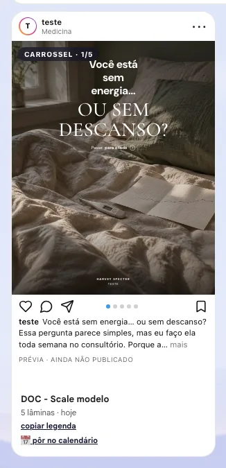 Uma arte na galeria mostrada como post do Instagram, com as opções copiar legenda e pôr no calendário