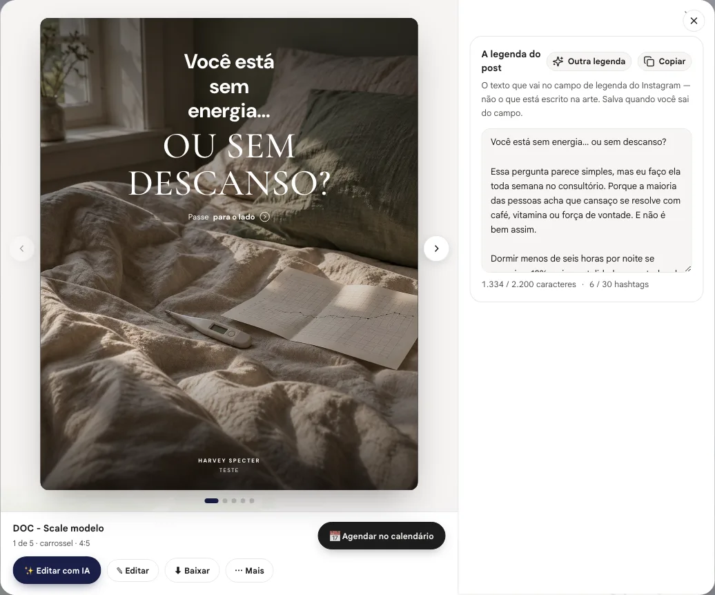 Visualizador de uma arte com a lâmina, os botões Editar com IA, Editar, Baixar, Mais e a legenda do post