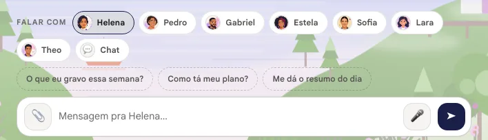 Chat do time com os chips Falar com, as sugestões prontas e o campo de mensagem