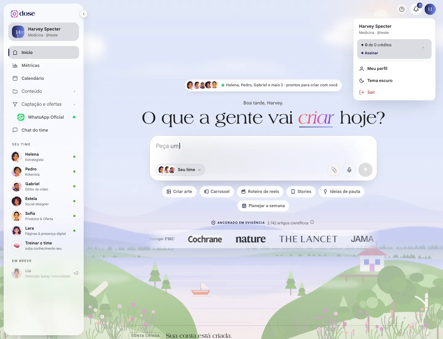 Menu da conta com o nome, o saldo de créditos, o botão Assinar, Meu perfil, Tema escuro e Sair