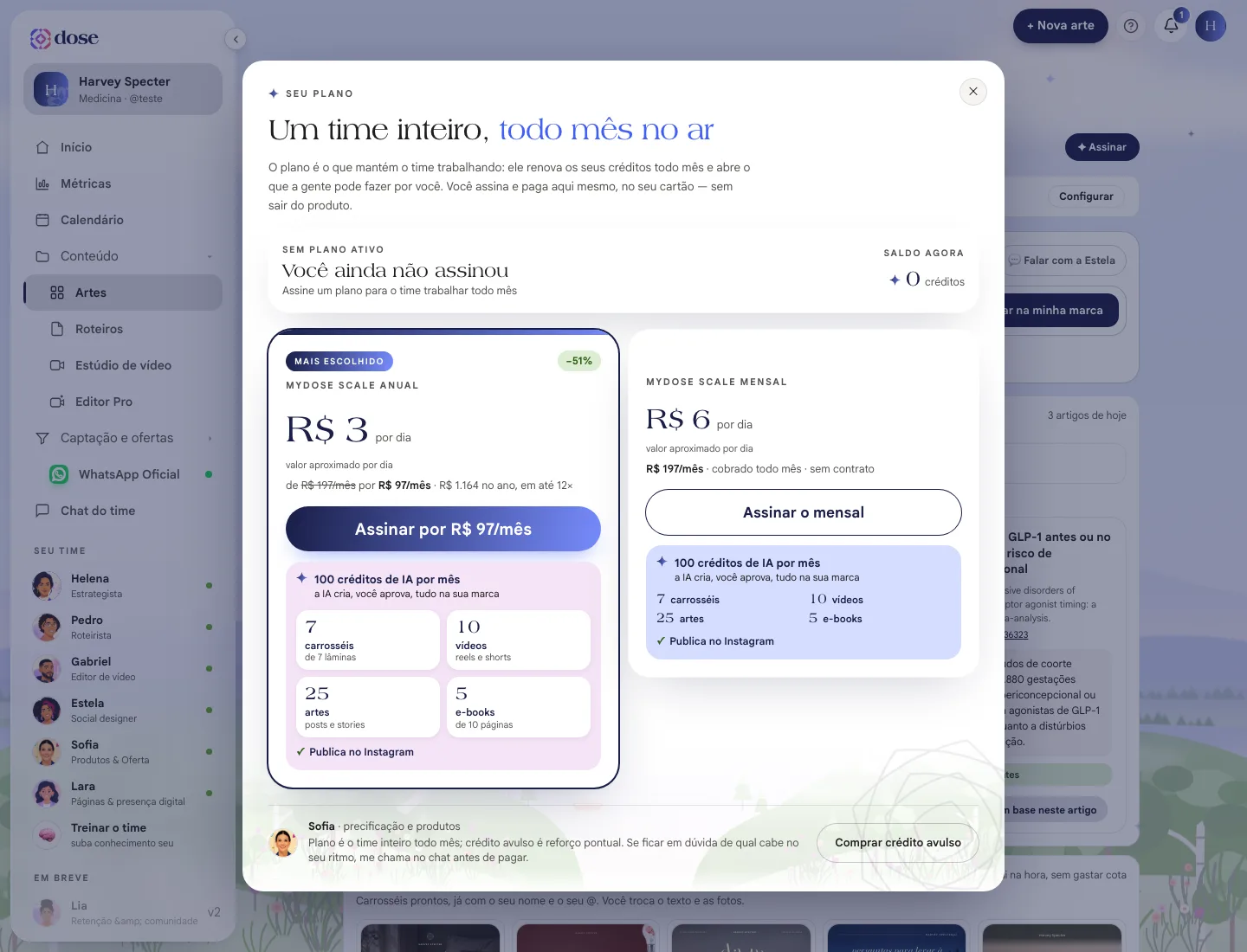 Painel Seu plano com os planos anual e mensal, o preço por dia e o que cada um inclui