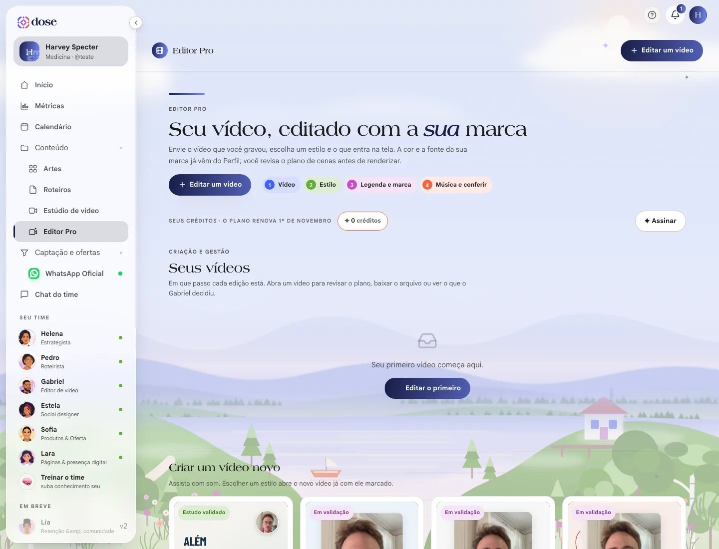Tela do Editor Pro com o botão Editar um vídeo e os estilos Motion storytelling, Clínico, Clareza e Presença
