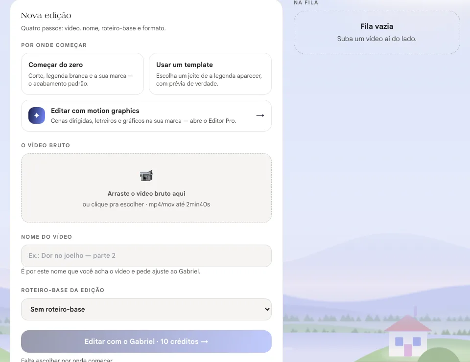 Formulário Nova edição com as opções Começar do zero, Usar um template e Editar com motion graphics e a área do vídeo bruto