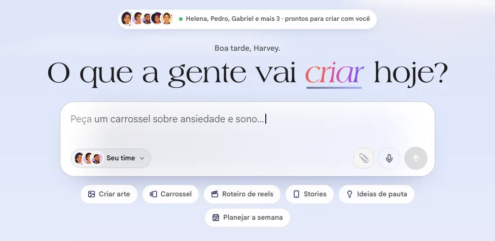 Campo O que a gente vai criar hoje? com o seletor Seu time, o microfone e os atalhos de pedido