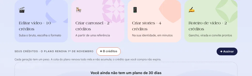 Os quatro atalhos de criação com o custo em créditos e a faixa Seus créditos