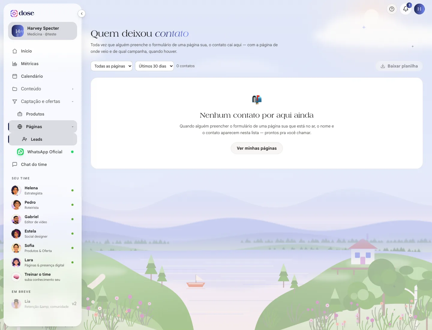 Tela Quem deixou contato com os filtros por página e período e o botão Baixar planilha