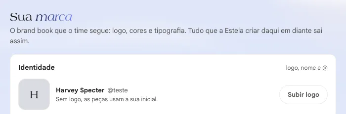 Início da seção Sua marca com o cartão Identidade e o botão Subir logo