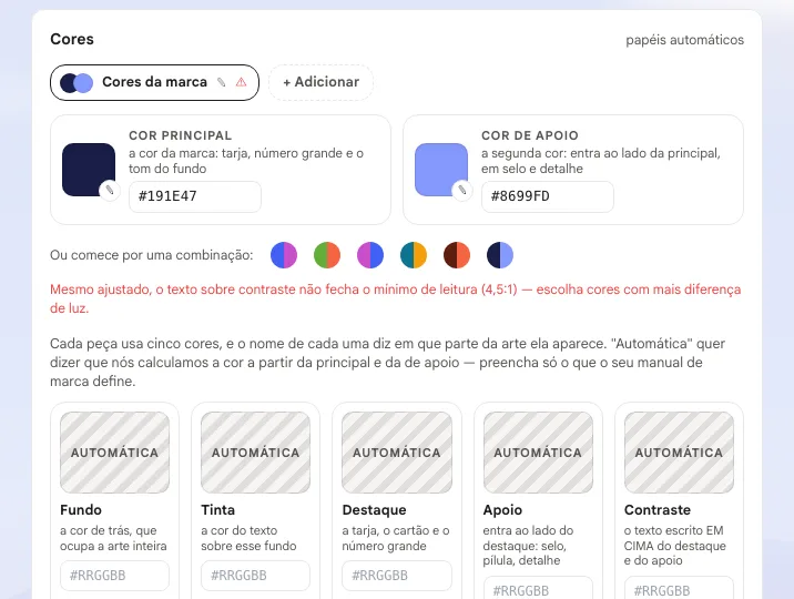 Cartão Cores com a paleta, a cor principal, a cor de apoio e os cinco papéis