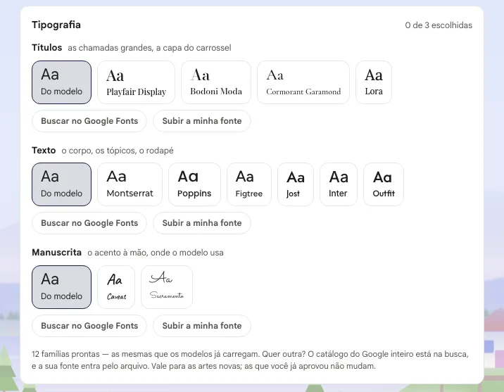 Cartão Tipografia com os papéis Títulos, Texto e Manuscrita e as fontes disponíveis