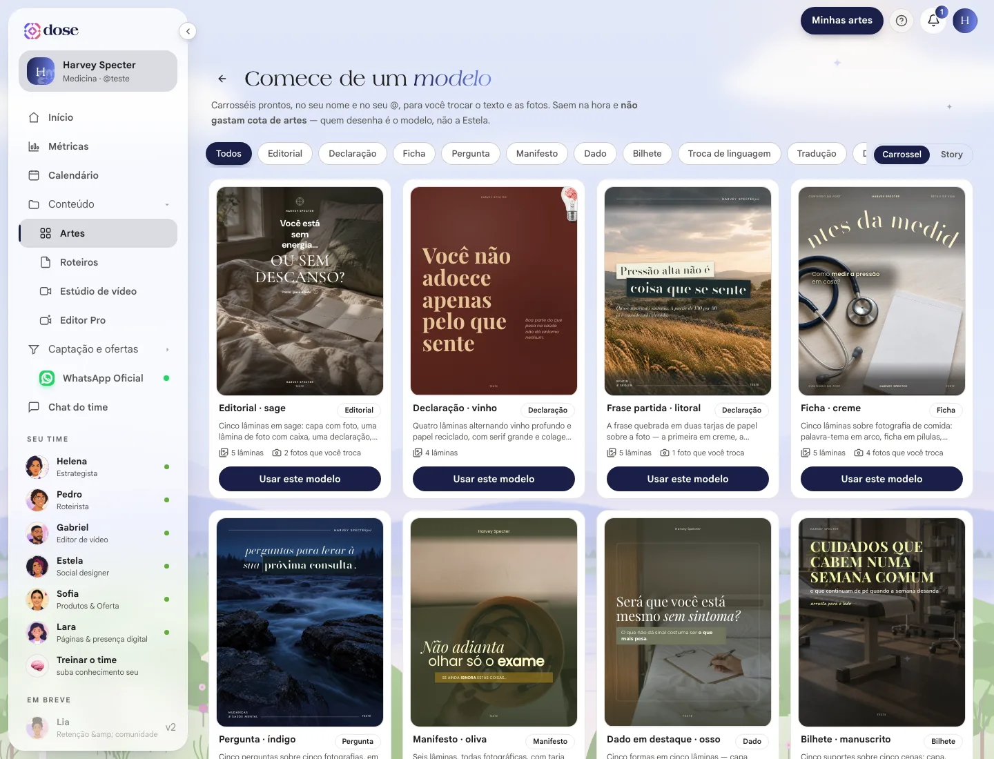 Galeria Comece de um modelo com os filtros de categoria e os cartões dos modelos