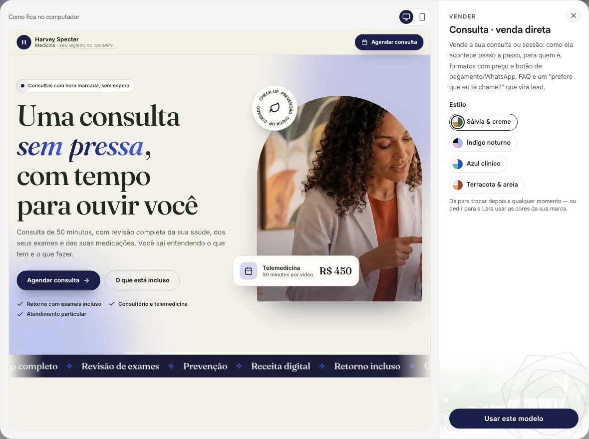 Prévia de um modelo de página de venda de consulta com o seletor de estilo