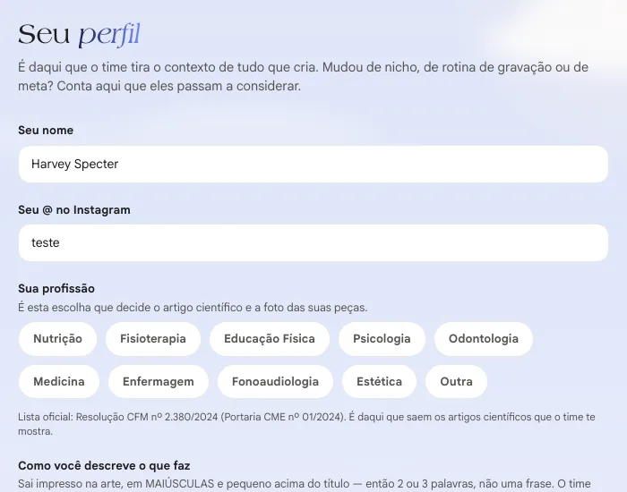 Formulário Seu perfil com nome, @ do Instagram, profissão e área de atuação