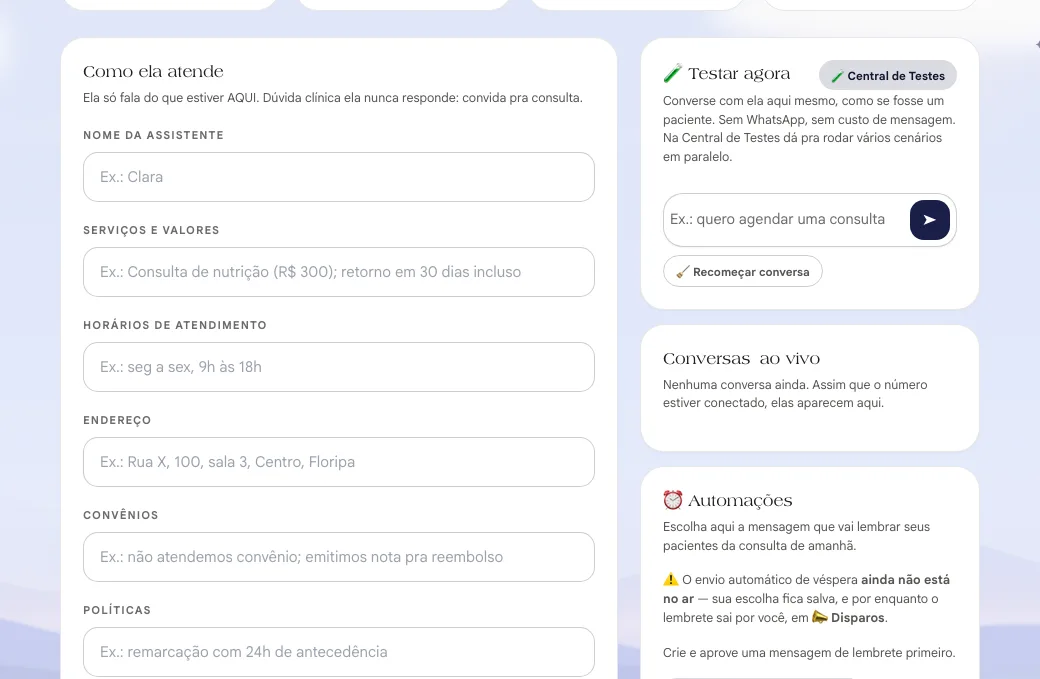 Formulário Como ela atende com os campos de nome, serviços e valores, horários, endereço, convênios e políticas