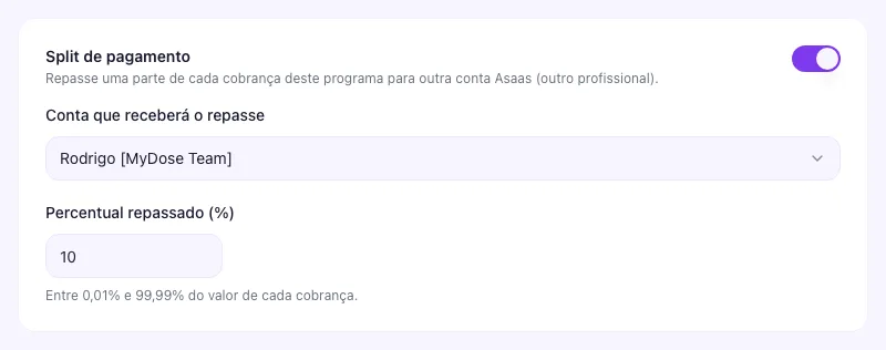 Card Split de pagamento ligado com conta destinatária selecionada e percentual de 10%