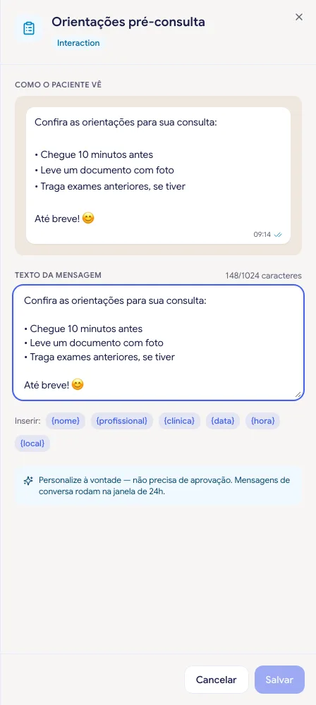Painel de edição da mensagem Orientações pré-consulta, com a pré-visualização no topo, o campo de texto e os atalhos de inserção